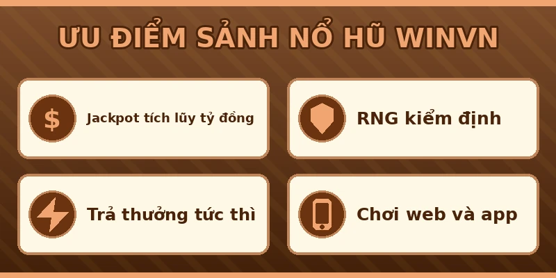 Ưu điểm sảnh nổ hũ Winvn: jackpot tích lũy, RNG kiểm định