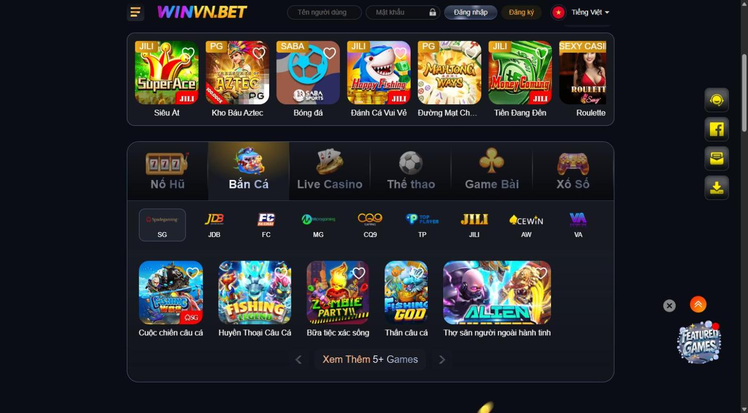 Sảnh bắn cá Winvn với Fishing War, Fishing God, Zombie Party