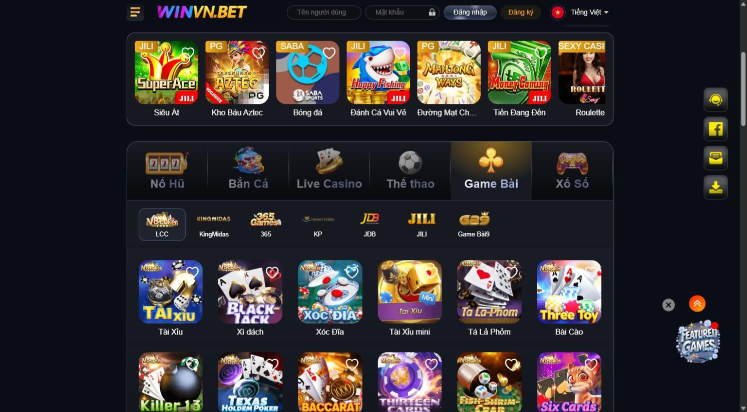 Sảnh game bài Winvn với Tài Xỉu, Xì Dách, Xóc Đĩa, Tá Lả Phỏm